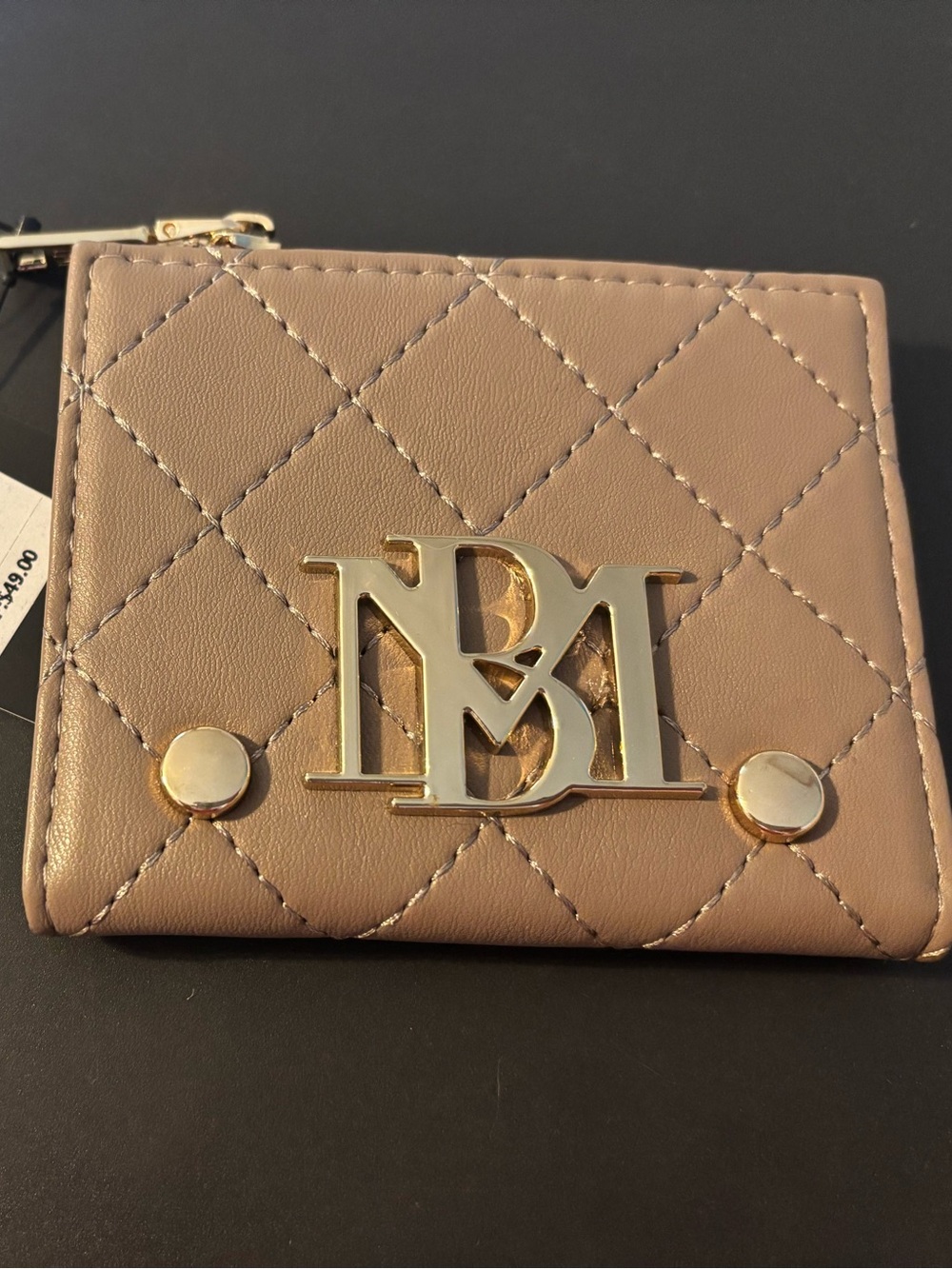 Badgley Mischka Quilted Card Wallet in Taupe with Gold Logo